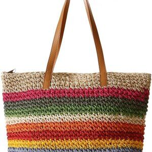 Rainbow Straw Bag for Women Beach Tote Handbag Large Capacity Summer Accessory